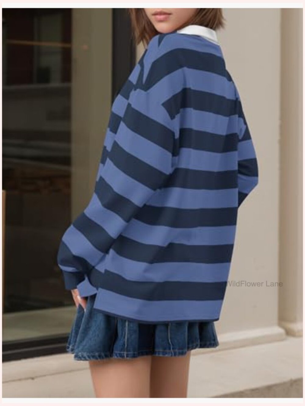 Striped Rugby Polo Sweatshirt Oversized Long Sleeve V Neck Y2K Pullover Top - Picture 3 of 6